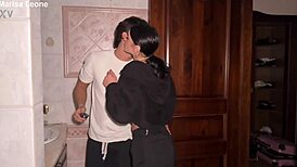 she sneaks to friend's bathroom for young italian's pierced nipple fuck