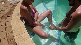 Blonde Stepmom and Neighbor Girl Masturbate Shaved Pussies at Outdoor Pool