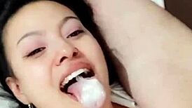 amazing latina with huge ass takes double cumshots straight in her mouth