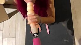 that red fetish girl got so horny she sucked off the sex machine naughtily