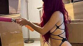 that red fetish girl got so horny she sucked off the sex machine naughtily