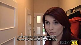 Guy fucks pregnant redhead milf debtor on desk for cash