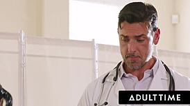 Teen Gia Dibella's toy gets stuck in her tight pussy during a doctor's visit turning into a wild 3-way fuck with stepdad and doc.