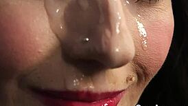 Watch frisky babe's face drown in bukkake sperm as she swallows every drop hungrily?