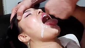 amazing latina with huge ass takes double cumshots straight in her mouth