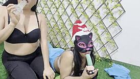 Best friend and I flash natural tits practice huge dildo blowjobs at Christmas