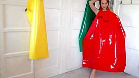 squirting pvc apron fetish slut sprays everywhere from fingering her shaved milf pussy