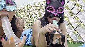 Best friend and I flash natural tits practice huge dildo blowjobs at Christmas