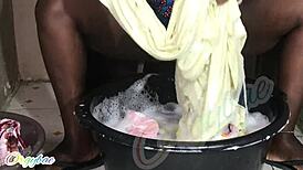 housewife bends over laundry pile craving weekend pussy fingering thrill