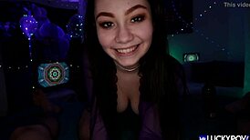 Petite teen Lenna Lux gives perfect handjob tittyfuck cumshot