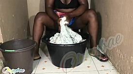 housewife bends over laundry pile craving weekend pussy fingering thrill