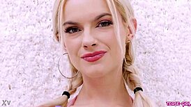 peek at this radiant blonde pet on the sofa baring her petite sexy curves up close