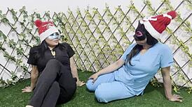 Best friend and I flash natural tits practice huge dildo blowjobs at Christmas