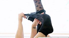 Alison Tyler teases long legs stripping stockings before nude pussy play and big tits reveal