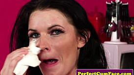 POV British babe sucks cock deep before massive facial cumshot covers her big tits