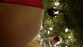 WOW! Cute Wife's Pussy And Ass Dripping Cum Under Christmas Tree?!