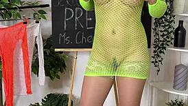what's under that sexy fishnet dress on the curvy teacher?