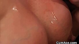 Slutty centerfold bombshell kneels for blowbang bukkake facial swallowing every jizz drop