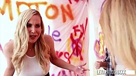 Leya Falcon's huge wet orgasm explodes in big ass blonde threesome with toys and lesbian kissing