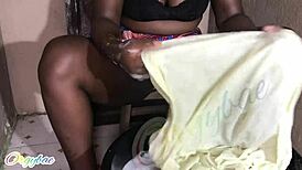 housewife bends over laundry pile craving weekend pussy fingering thrill
