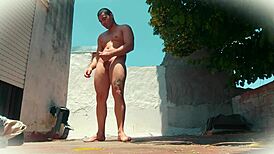 Naked muscular salsa dancer masturbates big cock ass closeup outdoors