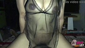 big tits milf shows black see through natural curves