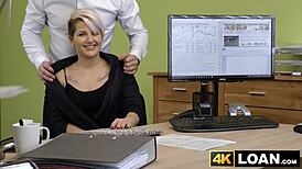Busty short-haired babe wildly bounces on loan agent in steamy office ride