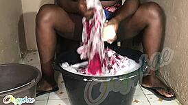 housewife bends over laundry pile craving weekend pussy fingering thrill