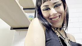 Brazilian Goth Slut Spreads Ass Clit Masturbating Kitchen Closeup
