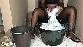 housewife bends over laundry pile craving weekend pussy fingering thrill