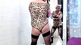 Leopard whore dances dirty, squirts solo then deepthroats cock teasing orgasm.