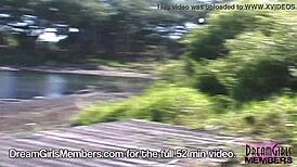 turned on dream girl cums hard outdoors vibrator dripping on tanned skin public