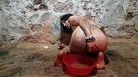 shemale stuffs pickle deep in ass for squirting anal enema play