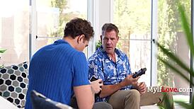 Step mom sneaks step son cock while step dad zones out lost in metaverse family taboo cheating.