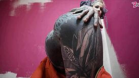 skinny tattooed babe stretches wet asshole with anal toys fingers and dildo till squirting gape