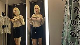 suggestive blonde flashes see-through panties and big tits in public changing room