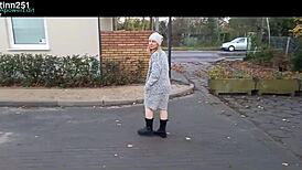 Hey check this milf ripping clothes to flash natural tits outdoors in public!