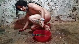 shemale stuffs pickle deep in ass for squirting anal enema play