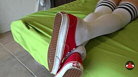 Blonde Sneaker Dangle Turns into Sock Tease with Thong Panties Peek