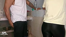 stepmom's friend gets her juicy pussy fingered and fucked in kitchen while chatting