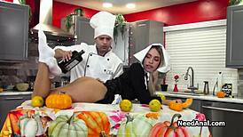 Blonde assistant's oiled ass pounded by chef in kitchen