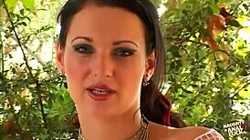 a charming brunette in white stockings rides cocks for hardcore dp anal by the pool