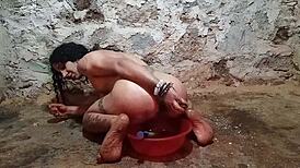 shemale stuffs pickle deep in ass for squirting anal enema play