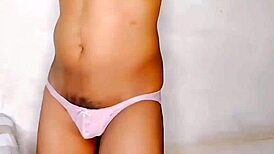 chastity cage holds back while she takes standing fuck