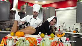 Blonde assistant's oiled ass pounded by chef in kitchen