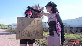 Emmita Bound and Punished by Fedora's Strapon Domination in Outdoor BDSM Lesbian Session