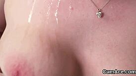 whoa this naughty bombshell slurps jizz from every cock in the bukkake