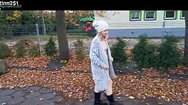 Hey check this milf ripping clothes to flash natural tits outdoors in public!
