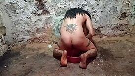 shemale stuffs pickle deep in ass for squirting anal enema play