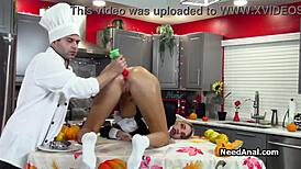 Blonde assistant's oiled ass pounded by chef in kitchen